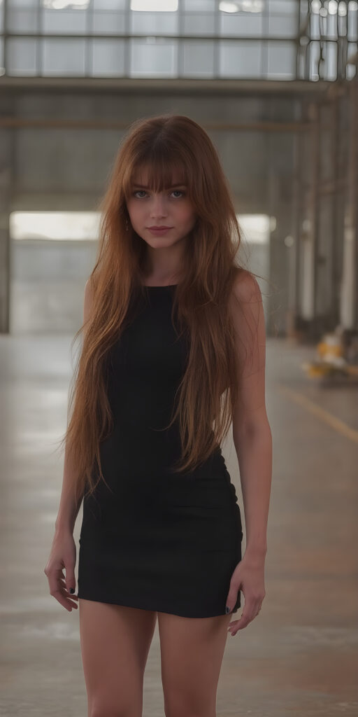 an adult girl with long red silky hair wears a black short cocktail dress. She is standing in a large, empty factory hall and looks seductive to the viewer.