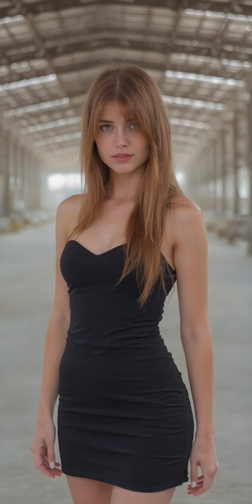 an adult girl with long red silky hair wears a black short cocktail dress. She is standing in a large, empty factory hall and looks seductive to the viewer.