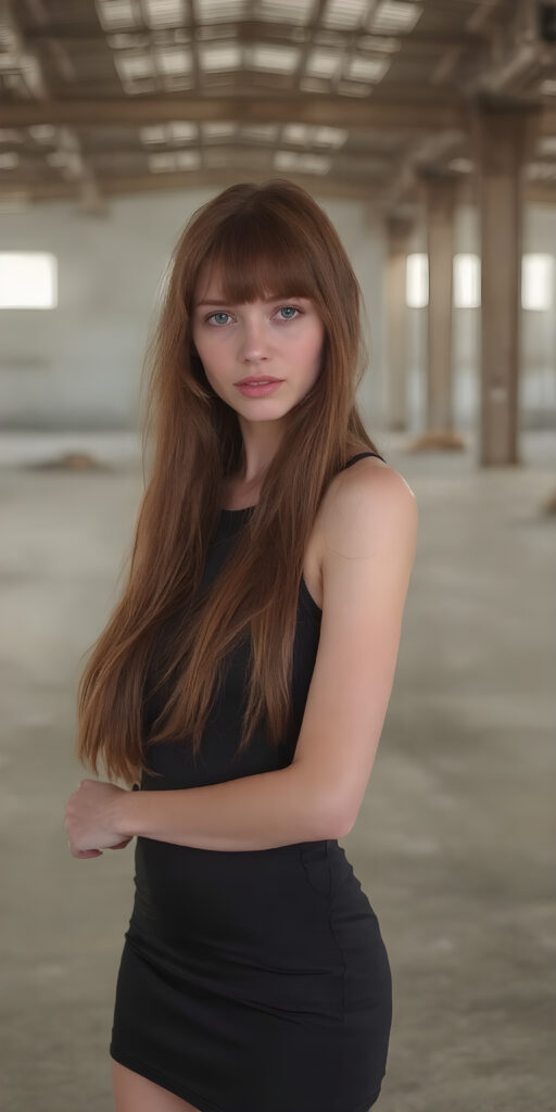 an adult girl with long red silky hair wears a black short cocktail dress. She is standing in a large, empty factory hall and looks seductive to the viewer.