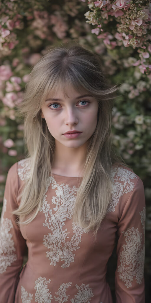 an alcoholic ink oil painting portrait of stunningly beautiful ) and ((ultra high quality)) 8K image featuring a (beautiful pale teen girl, ocean blue eyes , round beautiful face with long, ash- lavender color messy loosely tied hairs with side bangs hair and a melancholy expression), dressed in a (pastel brown fitted Full sleeves dress with intricate white floral patterns and made in soft, iridescent hues). She stands in a (surreal, vividly green small flower creeper garden), with petals falling gracefully creating a (dreamlike luxurious atmosphere) that complements her elegant attire. The scene comes together in a (soft lighting, fantastical concept art) that embodies the essence of a (fantastical majestic glowing realm) with a (highly detailed, intricate details and vibrant colors) that bring the natural beauty of the garden and the style of the dress into a (volumetric, cinematic scene).