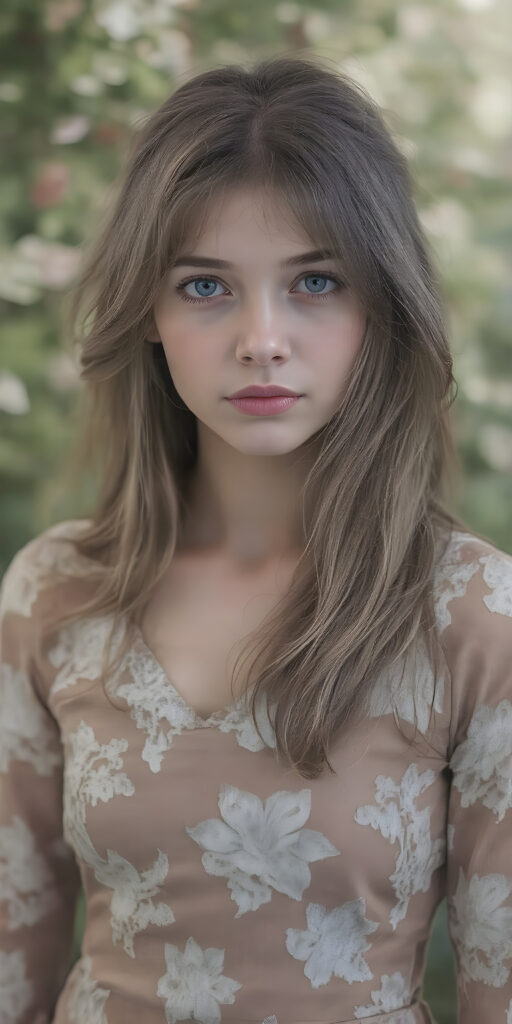 an alcoholic ink oil painting portrait of stunningly beautiful ) and ((ultra high quality)) 8K image featuring a (beautiful pale teen girl, ocean blue eyes , round beautiful face with long, ash- lavender color messy loosely tied hairs with side bangs hair and a melancholy expression), dressed in a (pastel brown fitted Full sleeves dress with intricate white floral patterns and made in soft, iridescent hues). She stands in a (surreal, vividly green small flower creeper garden), with petals falling gracefully creating a (dreamlike luxurious atmosphere) that complements her elegant attire. The scene comes together in a (soft lighting, fantastical concept art) that embodies the essence of a (fantastical majestic glowing realm) with a (highly detailed, intricate details and vibrant colors) that bring the natural beauty of the garden and the style of the dress into a (volumetric, cinematic scene).