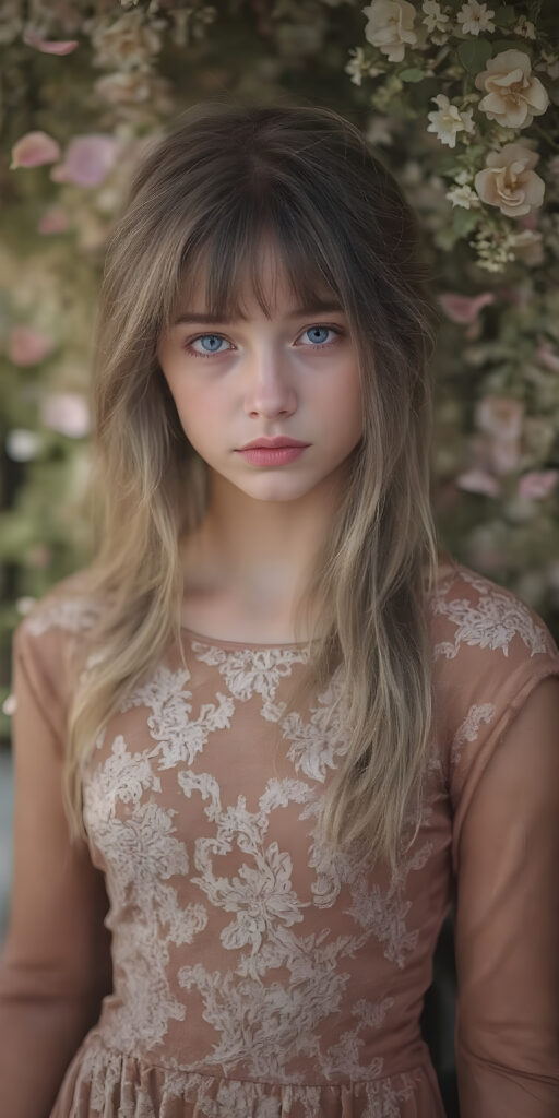 an alcoholic ink oil painting portrait of stunningly beautiful ) and ((ultra high quality)) 8K image featuring a (beautiful pale teen girl, ocean blue eyes , round beautiful face with long, ash- lavender color messy loosely tied hairs with side bangs hair and a melancholy expression), dressed in a (pastel brown fitted Full sleeves dress with intricate white floral patterns and made in soft, iridescent hues). She stands in a (surreal, vividly green small flower creeper garden), with petals falling gracefully creating a (dreamlike luxurious atmosphere) that complements her elegant attire. The scene comes together in a (soft lighting, fantastical concept art) that embodies the essence of a (fantastical majestic glowing realm) with a (highly detailed, intricate details and vibrant colors) that bring the natural beauty of the garden and the style of the dress into a (volumetric, cinematic scene).