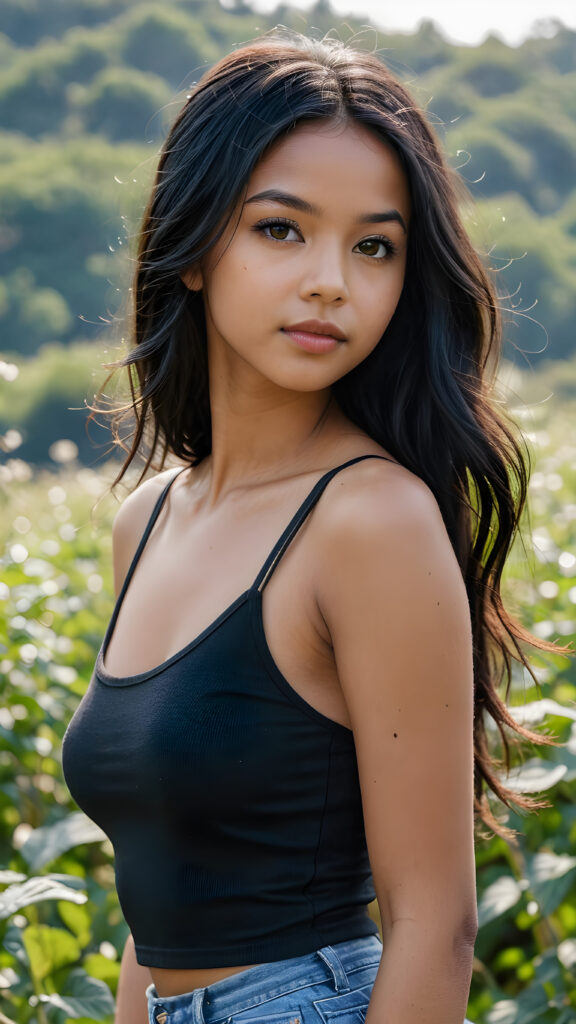 an dark-skinned cute innocent young girl, very long straight soft black hair, ((round face)), looks seductively, ((super short and thin spaghetti crop black tank top)), perfect curved body, (stunning) (gorgeous) ((detailed)) ((side view)) ((natural spring backdrop))