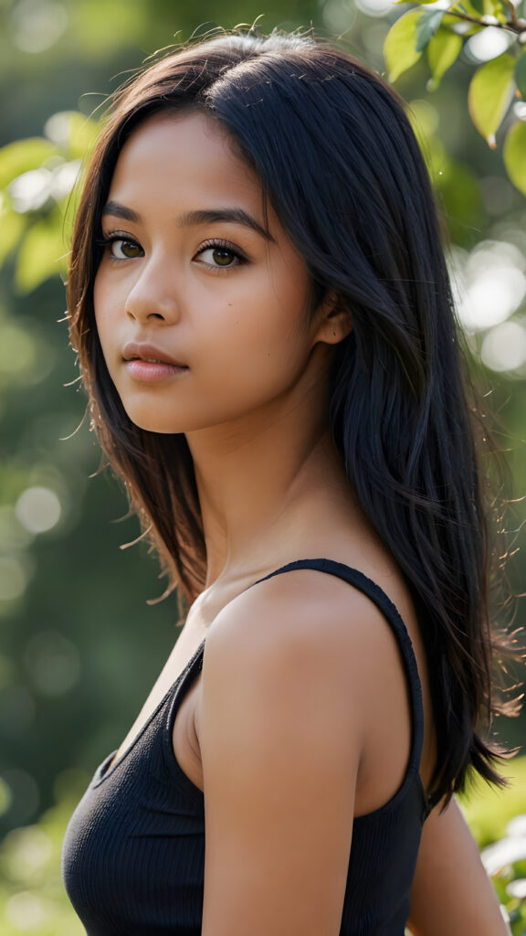 an dark-skinned cute innocent young girl, very long straight soft black hair, ((round face)), looks seductively, ((super short and thin spaghetti crop black tank top)), perfect curved body, (stunning) (gorgeous) ((detailed)) ((side view)) ((natural spring backdrop))