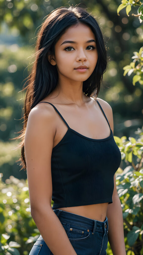 an dark-skinned cute innocent young girl, very long straight soft black hair, ((round face)), looks seductively, ((super short and thin spaghetti crop black tank top)), perfect curved body, (stunning) (gorgeous) ((detailed)) ((side view)) ((natural spring backdrop))