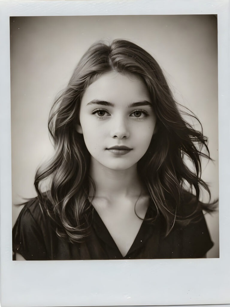 an elegant (((vintage black and white close-up polaroid photograph))), featuring a beautifully drawn (((portrait))), capturing the unmistakable essence of a youthful teen girl with impeccably proportioned features and straight soft hair, with wisps framing her face, pose confidently before the viewer, against a gently weathered (white backdrop)