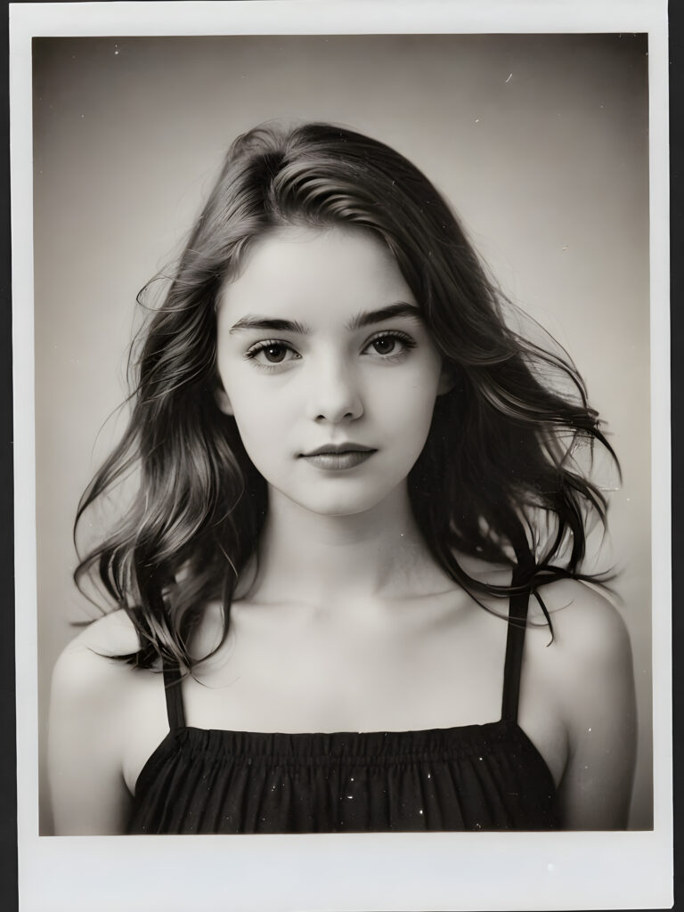 an elegant (((vintage black and white close-up polaroid photograph))), featuring a beautifully drawn (((portrait))), capturing the unmistakable essence of a youthful teen girl with impeccably proportioned features and straight soft hair, with wisps framing her face, pose confidently before the viewer, against a gently weathered (white backdrop)