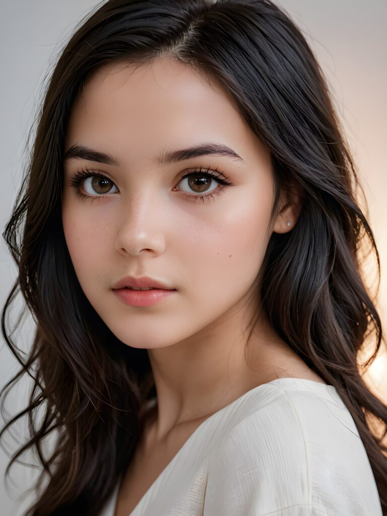 an exquisite and realistic (((close-up photograph))), featuring a (((stunningly realistic portrait))), capturing the essence of a serene young teen girl with impeccably proportioned features and long, straight soft black hair, set against a sophisticated backdrop of a crisp, white canvas, side view