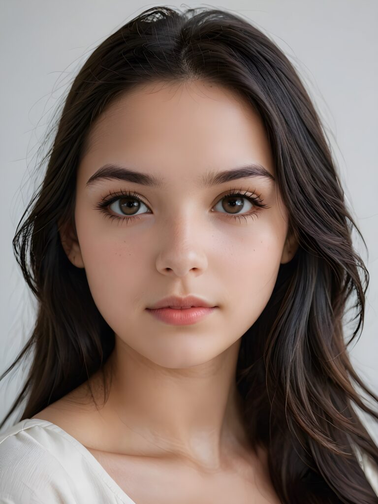 an exquisite and realistic (((close-up photograph))), featuring a (((stunningly realistic portrait))), capturing the essence of a serene young teen girl with impeccably proportioned features and long, straight soft black hair, set against a sophisticated backdrop of a crisp, white canvas, side view