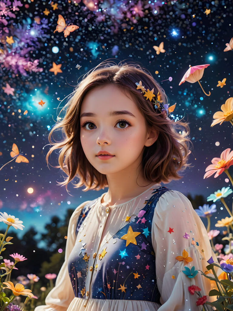 an imaginative illustration of the ((inner soul)) of a teenage girl with a colorful dream world unfolding around her, filled with whimsical creatures and starry constellations