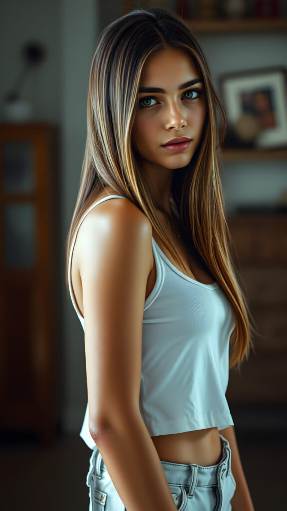 an incredibly realistic (((professional photograph))), capturing a (((young tanned Caucasian teen girl))) with perfectly straight soft brown hair, flawless complexions, and incredibly detailed, hyper realistic detailed (pale skin), her full beautiful face is seen from a side angle, showcasing exquisite facial features and perfectly detailed lips, dressed in a ((white tank top)), ((open front)), and (tight short jeans)), which perfectly complements her toned legs. The image exudes an air of confidence and natural beauty