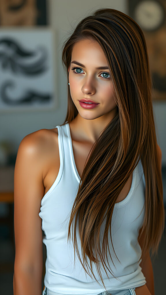 an incredibly realistic (((professional photograph))), capturing a (((young tanned Caucasian teen girl))) with perfectly straight soft brown hair, flawless complexions, and incredibly detailed, hyper realistic detailed (pale skin), her full beautiful face is seen from a side angle, showcasing exquisite facial features and perfectly detailed lips, dressed in a ((white tank top)), ((open front)), and (tight short jeans)), which perfectly complements her toned legs. The image exudes an air of confidence and natural beauty