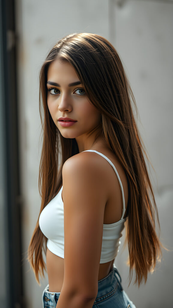 an incredibly realistic (((professional photograph))), capturing a (((young tanned Caucasian teen girl))) with perfectly straight soft brown hair, flawless complexions, and incredibly detailed, hyper realistic detailed (pale skin), her full beautiful face is seen from a side angle, showcasing exquisite facial features and perfectly detailed lips, dressed in a ((white tank top)), ((open front)), and (tight short jeans)), which perfectly complements her toned legs. The image exudes an air of confidence and natural beauty