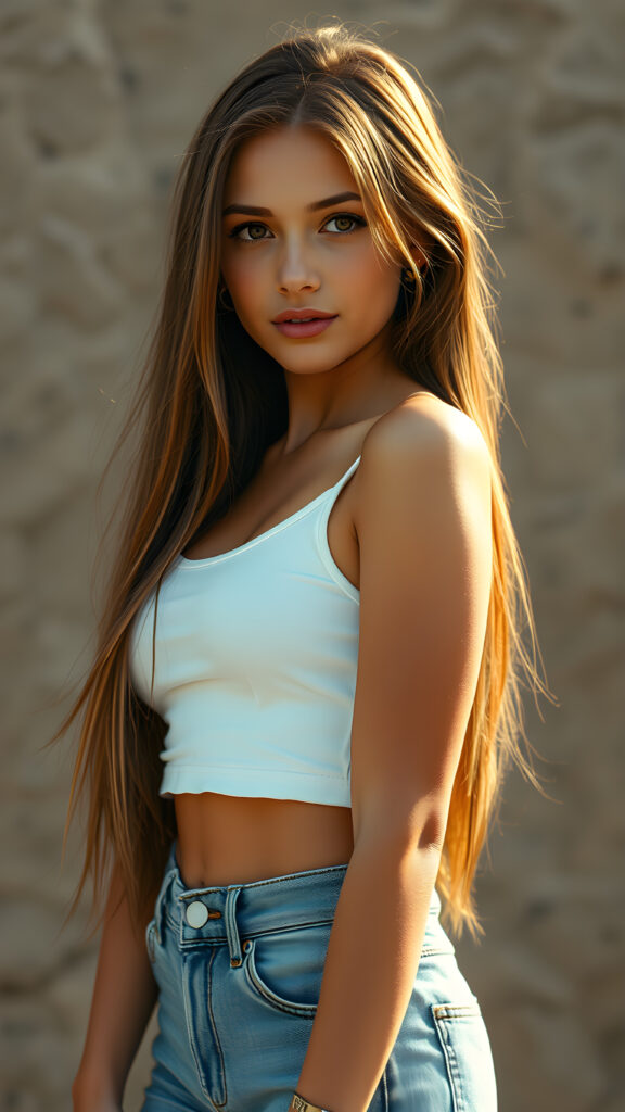 an incredibly realistic (((professional photograph))), capturing a (((young tanned Caucasian teen girl))) with perfectly straight soft brown hair, flawless complexions, and incredibly detailed, hyper realistic detailed (pale skin), her full beautiful face is seen from a side angle, showcasing exquisite facial features and perfectly detailed lips, dressed in a ((white tank top)), ((open front)), and (tight short jeans)), which perfectly complements her toned legs. The image exudes an air of confidence and natural beauty