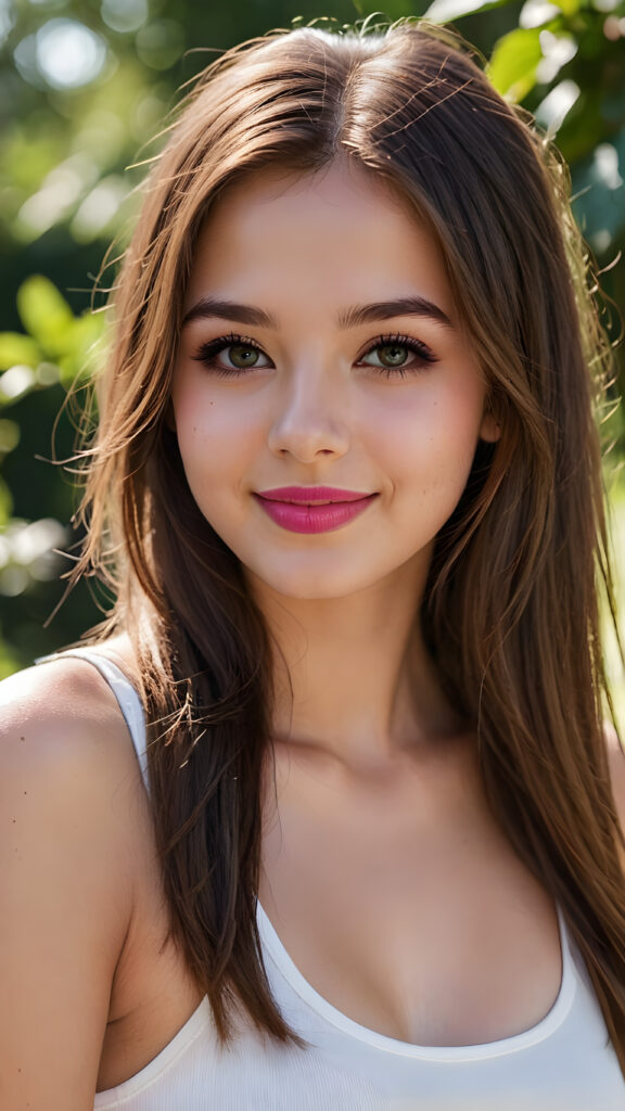 an innocent, young teen girlie, ((straight soft long brown hair)), beautiful as a picture, smiles into the camera, she is wearing a ((white tank top)), upper-body, perfect curved, ((very detailed, perfect shadows)), ((black makeup, pink lipstick))