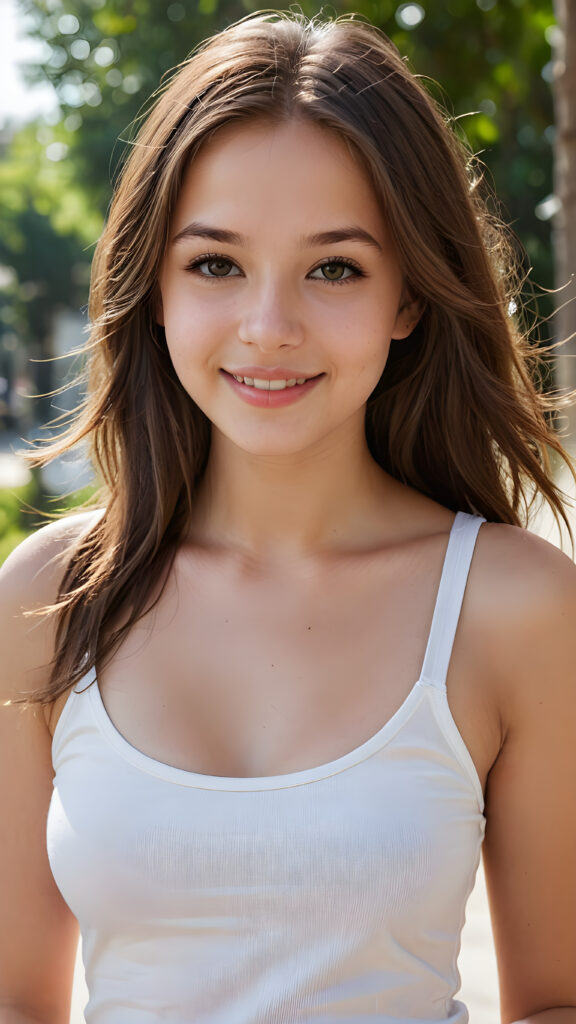 an innocent, young busty teen girlie, 14 years old, ((straight soft long brown hair)), beautiful as a picture, smiles into the camera, she is wearing a ((white tank top)), upper-body, perfect curved, ((very detailed, perfect shadows)), ((makeup, full lips))