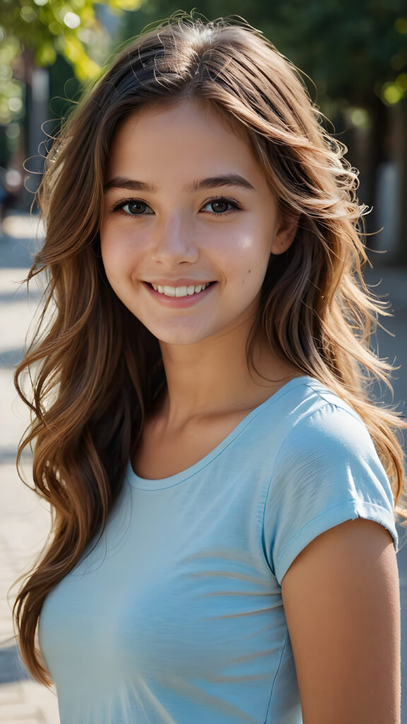 an innocent, young teen girl, long weavy hair, beautiful as a picture, smiles into the camera, she is wearing a light blue tight t-shirt, upper-body, perfect curved, ((very detailed, perfect shadows))