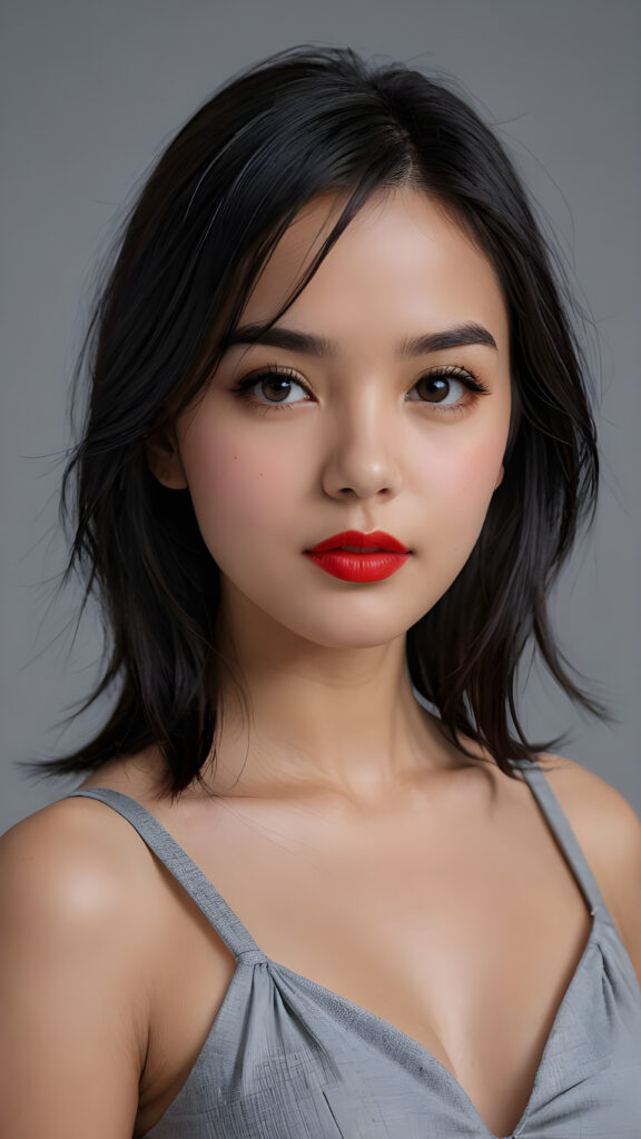 an innocent, young cute girlie, looks seductive, black straight hair, red lips, upper-body, perfect curved, ((very detailed, perfect shadows)) ((grey empty background))