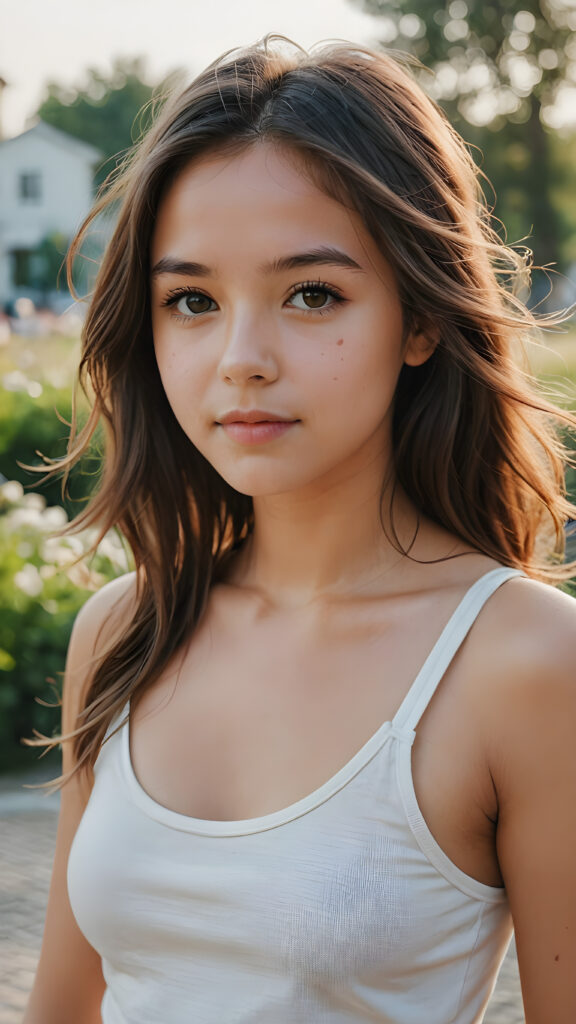 an innocent, young cute girl, long yet soft hair, tank top