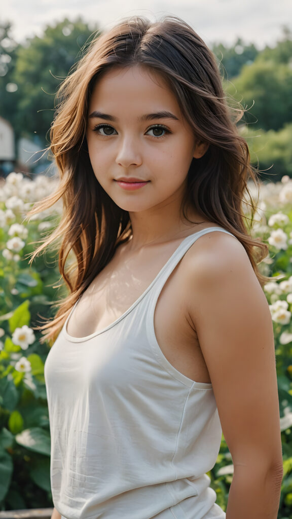 an innocent, young cute girl, long yet soft hair, tank top