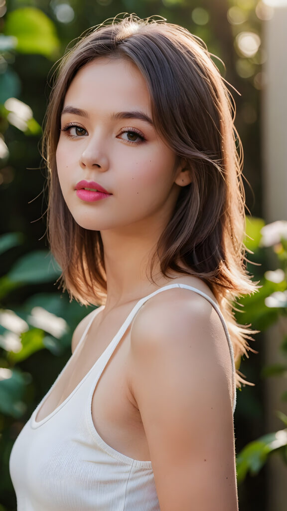 an innocent, young cute teen girlie, straight hair, looks seductive, she is wearing a ((white tank top)), upper-body, perfect curved, ((very detailed, perfect shadows)), ((pink lipstick)) ((side view))