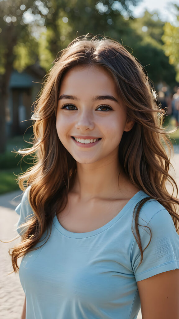 an innocent, young teen girl, long weavy hair, beautiful as a picture, smiles into the camera, she is wearing a light blue tight t-shirt, upper-body, perfect curved, ((very detailed, perfect shadows))