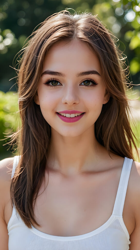 an innocent, young teen girlie, ((straight soft long brown hair)), beautiful as a picture, smiles into the camera, she is wearing a ((white tank top)), upper-body, perfect curved, ((very detailed, perfect shadows)), ((black makeup, pink lipstick))