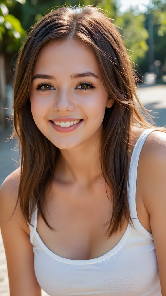 an innocent, young busty teen girlie, ((straight soft long brown hair)), beautiful as a picture, smiles into the camera, she is wearing a ((white tank top)), upper-body, perfect curved, ((very detailed, perfect shadows)), ((makeup, full lips))