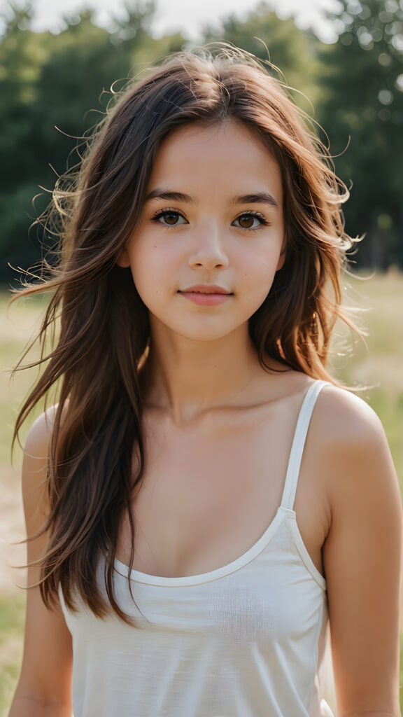 an innocent, young cute girl, long yet soft hair, tank top