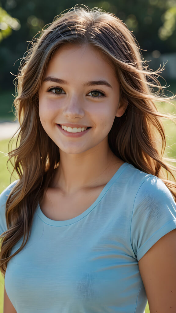 an innocent, young teen girl, long weavy hair, beautiful as a picture, smiles into the camera, she is wearing a light blue tight t-shirt, upper-body, perfect curved, ((very detailed, perfect shadows))