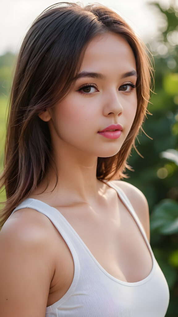 an innocent, young cute teen girlie, straight hair, looks seductive, she is wearing a ((white tank top)), upper-body, perfect curved, ((very detailed, perfect shadows)), ((pink lipstick)) ((side view))