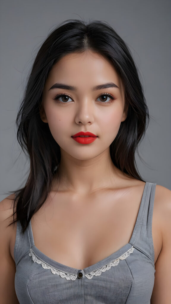 an innocent, young cute girlie, looks seductive, black straight hair, red lips, upper-body, perfect curved, ((very detailed, perfect shadows)) ((grey empty background))