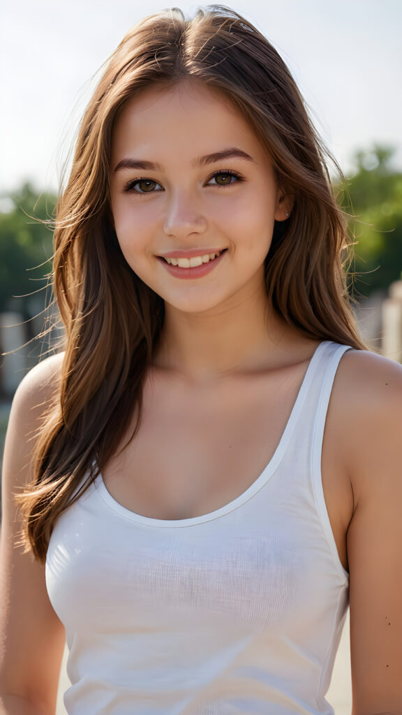 an innocent, young busty teen girlie, 14 years old, ((straight soft long brown hair)), beautiful as a picture, smiles into the camera, she is wearing a ((white tank top)), upper-body, perfect curved, ((very detailed, perfect shadows)), ((makeup, full lips))