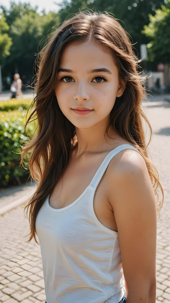 an innocent, young cute girl, long yet soft hair, tank top