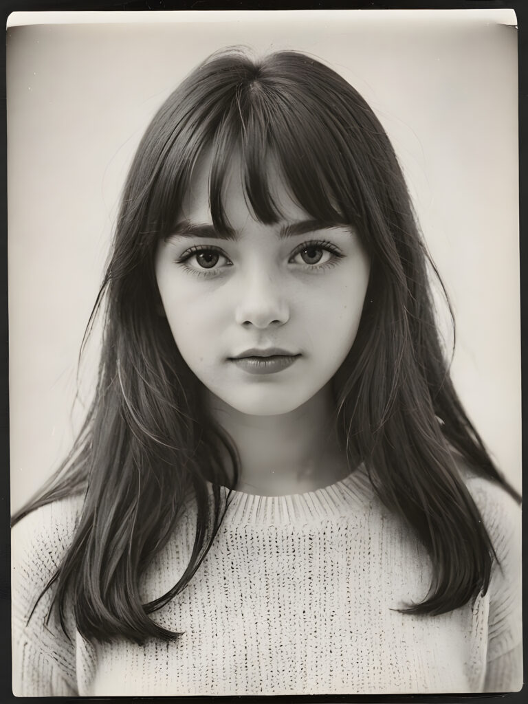 an old ((black and white close-up polaroid photo)), a breathtakingly realistic (((portrait))), capturing the essence of a youthful teen girl with a flawlessly proportioned upper body, long, straight soft hair, bangs cut, aged 15, wears a thin wool sweater, posed confidently before the viewer, ((a white canvas as a background)), ((side view))