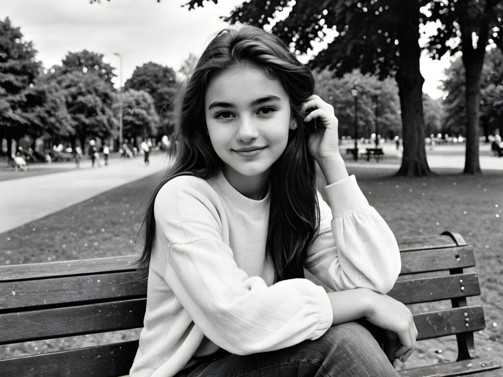 an old black and white photo, realistic ((detailed portrait)), a young and beautiful girl sitting on a bench in a park, she ist 17 years old, very happy