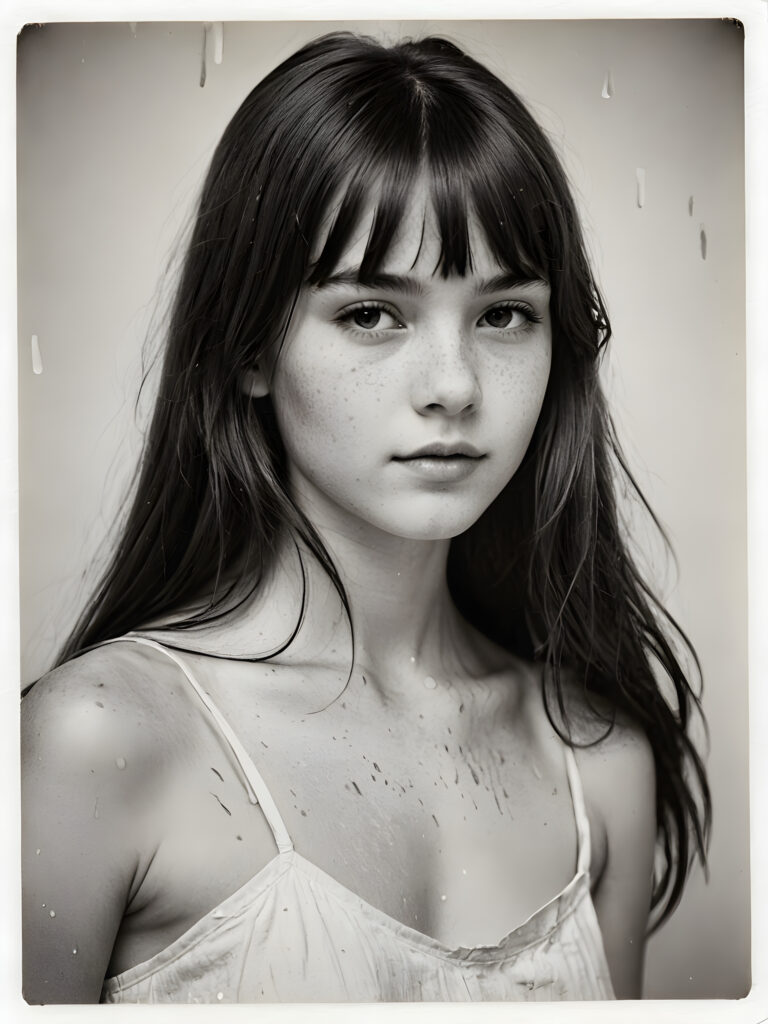 an old black and white photo with water stains, a breathtakingly realistic (((portrait))), capturing the essence of a youthful teen girl with a flawlessly proportioned upper body, long, bangs cut, aged 13, posed confidently before the viewer, ((a white canvas as a background)), ((side view))