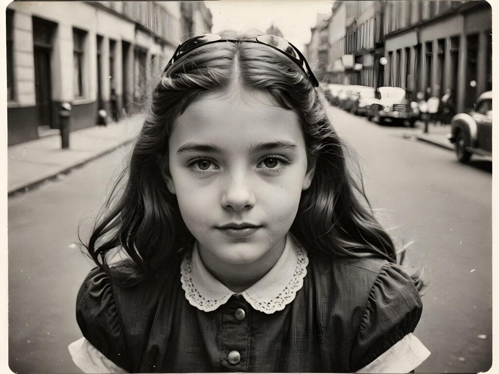 an old black and white photo, realistic ((detailed portrait)), a cute stunning young girl in a city, 13 years old, in 1940s