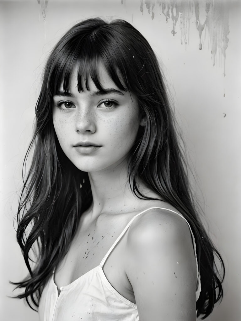 an old black and white photo with water stains, a breathtakingly realistic (((portrait))), capturing the essence of a youthful teen girl with a flawlessly proportioned upper body, long, bangs cut, aged 13, posed confidently before the viewer, ((a white canvas as a background)), ((side view))