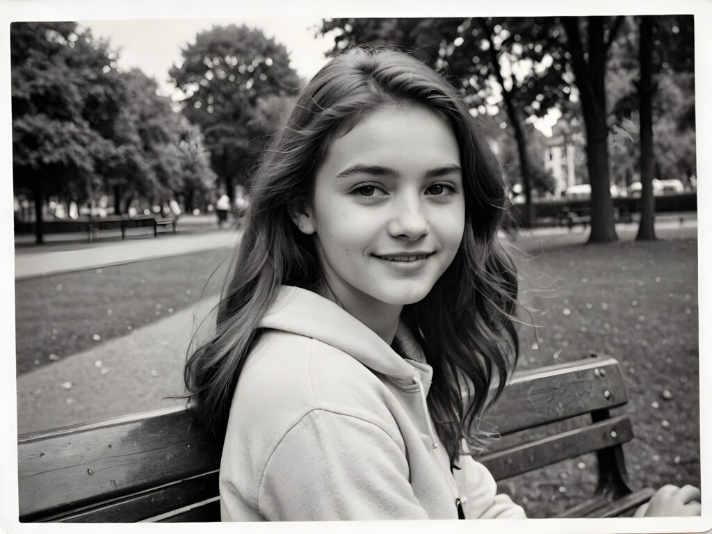 an old black and white photo, realistic ((detailed portrait)), a young and beautiful girl sitting on a bench in a park, she ist 17 years old, very happy