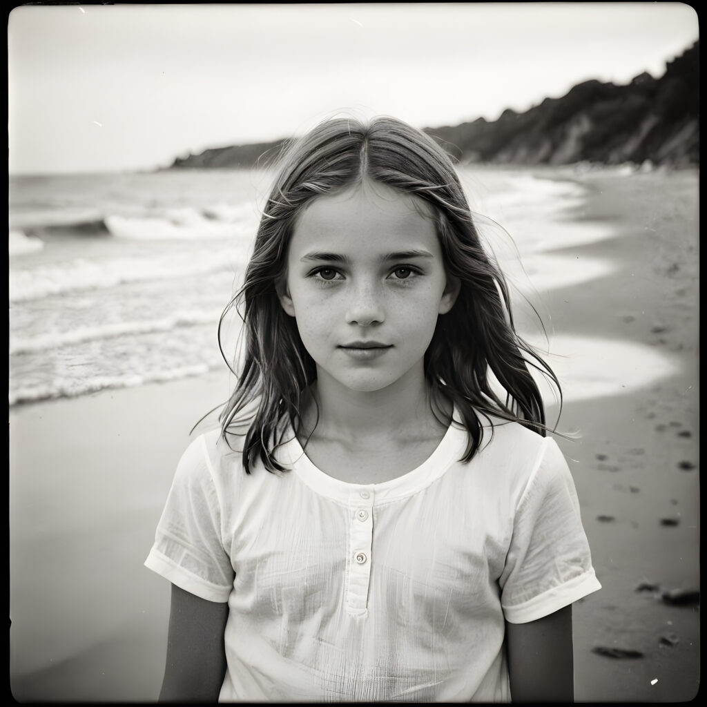 an old black and white photo, a breathtakingly realistic ((portrait)), a cute stunning young girl on beach