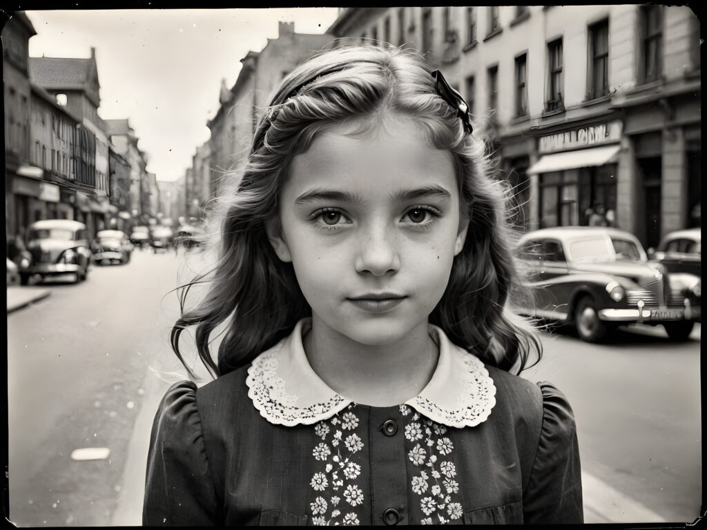 an old black and white photo, realistic ((detailed portrait)), a cute stunning young girl in a city, 13 years old, in 1940s