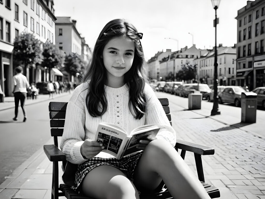 an old black and white photo, realistic ((detailed portrait)), a cute stunning young girl in a city, 15 years old, sitting on a chair and read a book