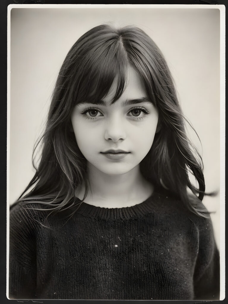 an old ((black and white close-up polaroid photo)), a breathtakingly realistic (((portrait))), capturing the essence of a youthful teen girl with a flawlessly proportioned upper body, long, straight soft hair, bangs cut, aged 15, wears a thin wool sweater, posed confidently before the viewer, ((a white canvas as a background)), ((side view))