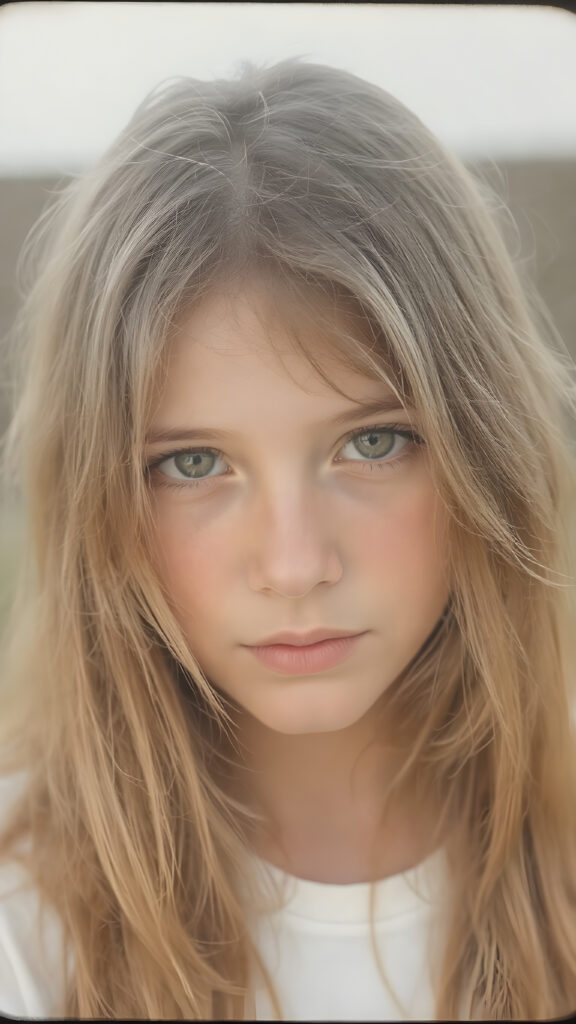 an old photo from 1970 shows a young aduld stunning teen girl with soft hair, deep black eyes and pale skin. Her hair falls over her body and shines, she wears a white t-shirt