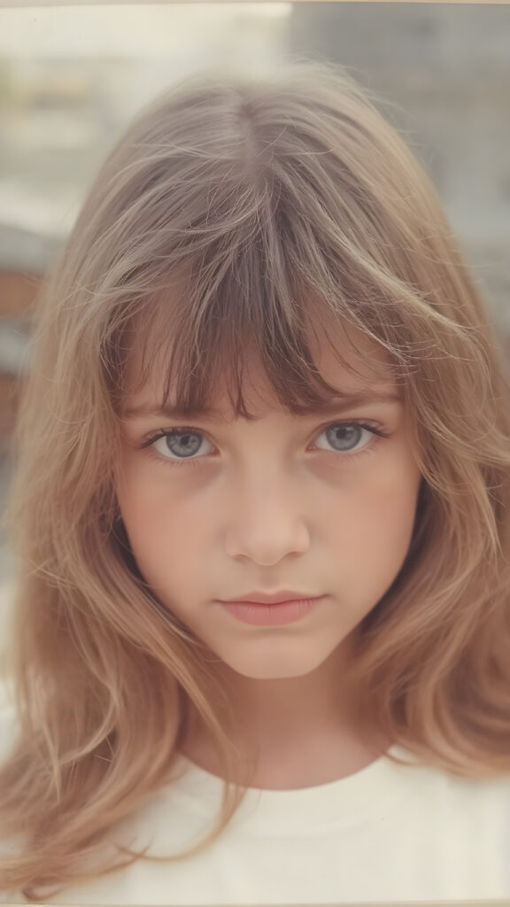 an old photo from 1970 shows a young aduld stunning teen girl with soft hair, deep black eyes and pale skin. Her hair falls over her body and shines, she wears a white t-shirt