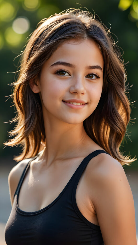 a teen girl, 14 years old, ((realistic detailed hair)), realistic face, short crop tank top, beautiful saturation, ultra high resolution, deep shadow, (best quality, masterpiece), highly detailed, looking at viewer, warm smile, 4k, ((upper body)) (((gorgeous))) ((attractive)) ((stunning)) ((side view)) ((perfect curved body))