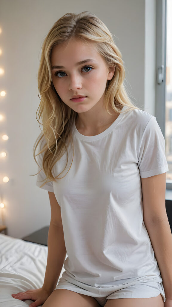 an ultra definition and ultra high quality (((professional photograph))), capturing an incredibly detailed and realistically heartbreaking extreme sadness with a young girl, where her untucked, luxuriously long, straight, thick, and naturally white golden blonde hair falls elegantly down, ((white short thin t-shirt))