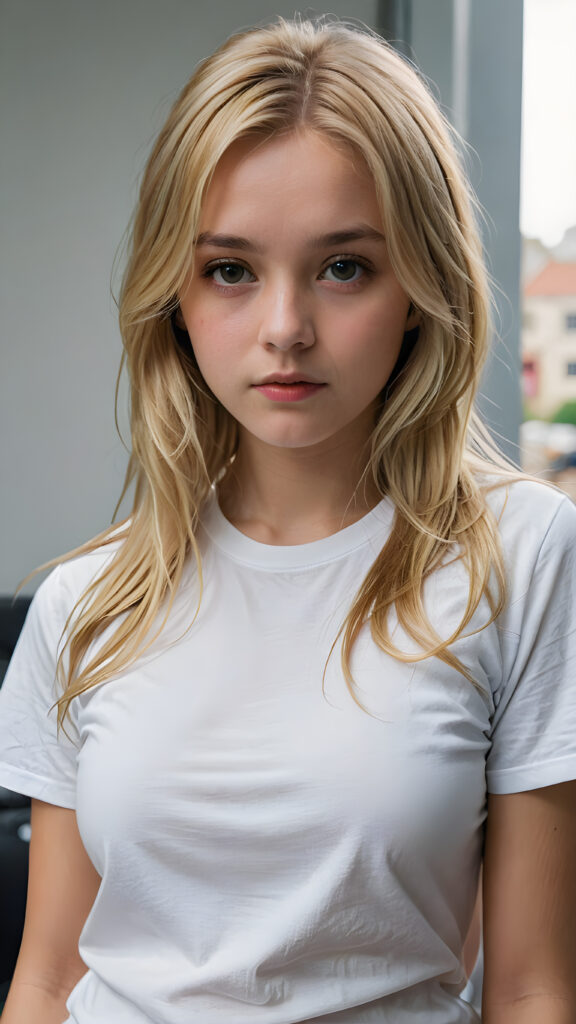 an ultra definition and ultra high quality (((professional photograph))), capturing an incredibly detailed and realistically heartbreaking extreme sadness with a young girl, where her untucked, luxuriously long, straight, thick, and naturally white golden blonde hair falls elegantly down, ((white short thin t-shirt))