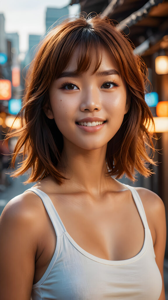 an ultra (((detailed, hyper realistic 8K dynamic photograph))), capturing a joyful 16-year-old Filipino girl with Korean-style bangs and intricate, orange-hued straight full hair. Her eyes are expertly detailed, set against a perfect oval face, while her smile beams confidently at the camera. She wears a sleek, white, short tank top that complements her perfectly curved figure, framed by soft, cinematic lighting and an empty backdrop